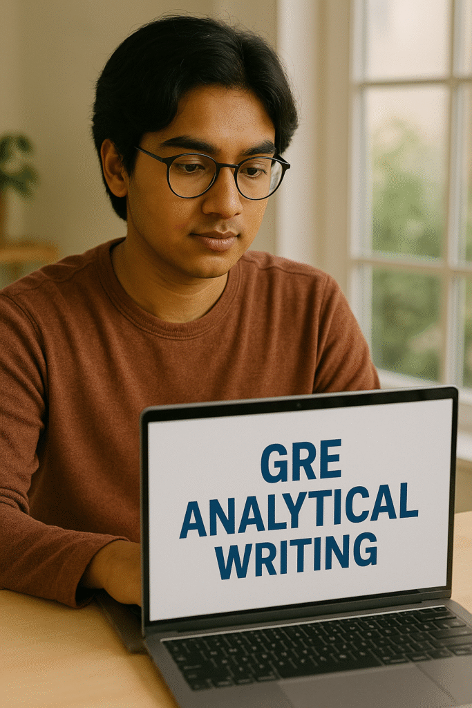 International student preparing the GRE Analytical Writing section at home